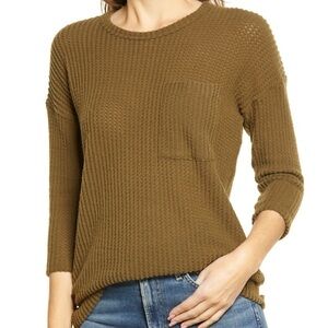 NEW BOBEAU Bobeau Waffle Knit Thermal Pocket Tunic Size XS 3/4 Sleeve Dark Olive
